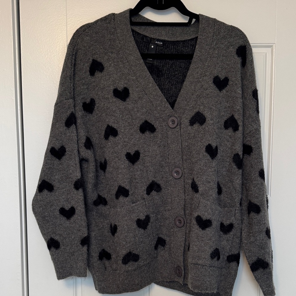 Aqua Gray Cardigan with Black Heart Pattern